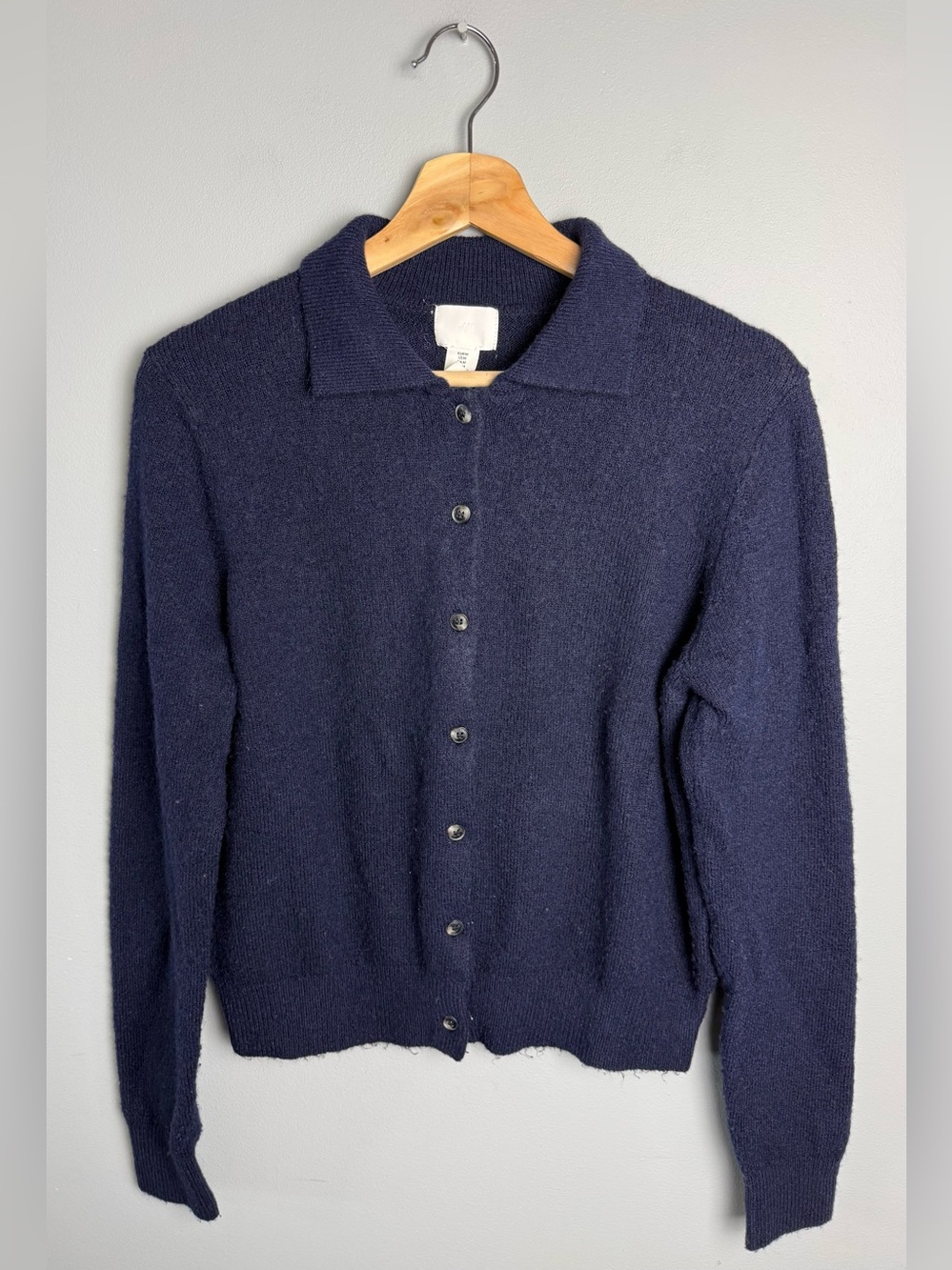 H&M Dark Navy Wool Blend Button-Front Collared Cardigan